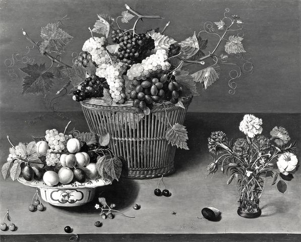 Freeman, John R. and Co. — Soreau Isaac - sec. XVII - Natura morta con cesto d'uva, fruttiera con albicocche e prugne, ciliegie, fragole e vaso di fiori — insieme